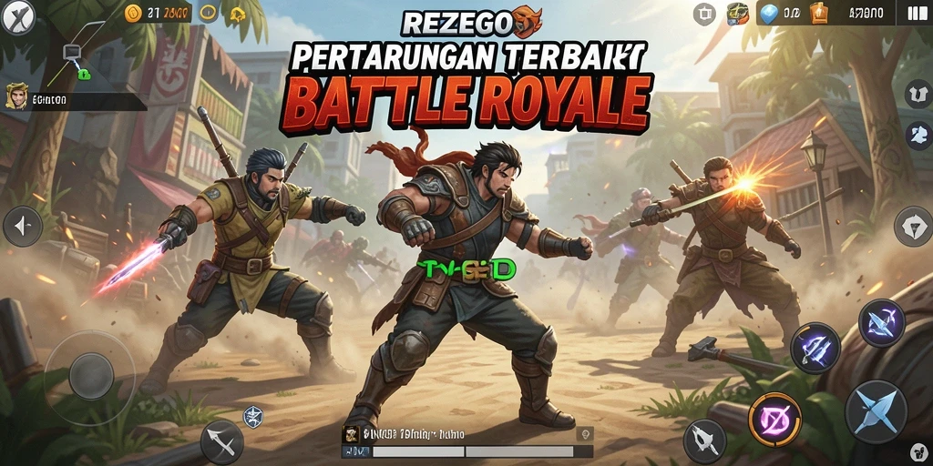Tangkapan layar utama REZEGO menunjukkan aksi intens dalam pertarungan Battle Royale.